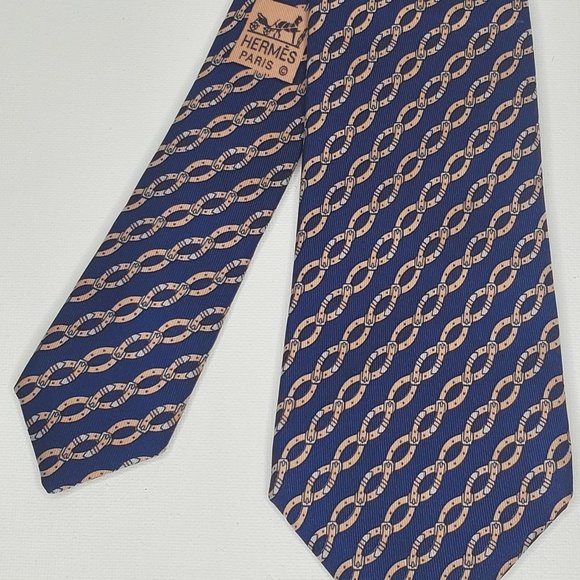 Hermes Classic Silk Blue Interlocking Belt Printed Tie Vintage